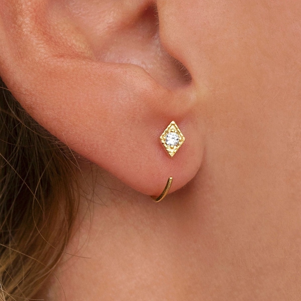 Open CZ Rhombus Huggie Hoop Earrings - Ear Hugger