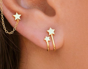 Dainty Double Star Ear Suspender Stud Earrings