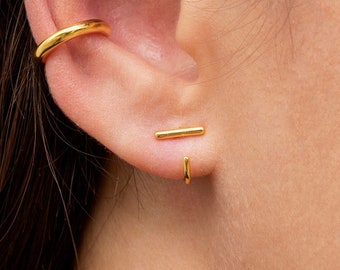 Tiny CZ Bar Open Huggie Hoop Earrings - Ear hugger