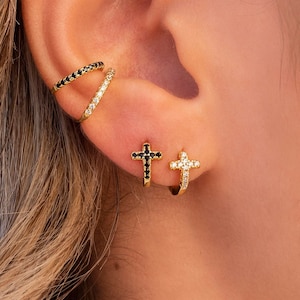 Pave Setting Cz Cross Huggie Hoop Earrings - Two stone colors available: Black & White
