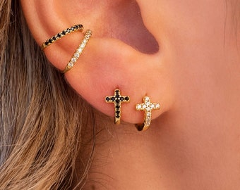 Pave Setting Cz Cross Huggie Hoop Earrings - Two stone colors available: Black & White