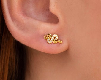 Dainty & Minimalist CZ Snake Shaped Stud Earrings