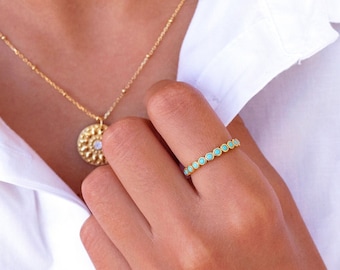 Dainty Milgrain Bezel Turquoise CZ Infinity Band Ring