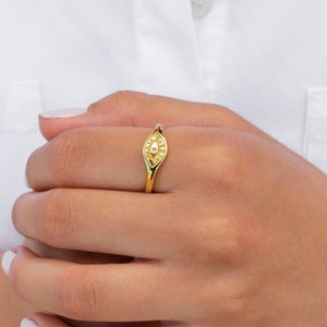 Dainty CZ Evil Eye Engraved Signet Ring