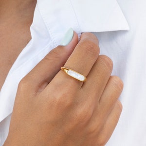 Dainty Mother of Pearl Nacre Bar Signet Ring