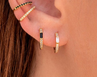 Dainty Baguette & Pave CZ Huggie Hoop Earrings