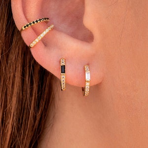Dainty Baguette & Pave CZ Huggie Hoop Earrings