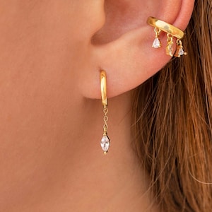 Dainty Dangling Chain & Marquise CZ Huggie Hoop Earrings