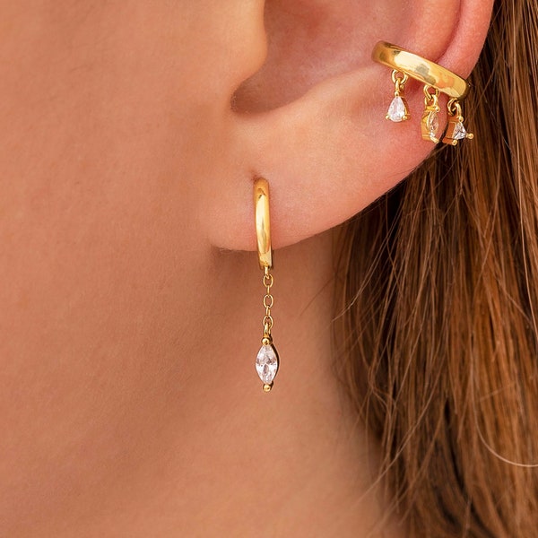 Dainty Dangling Chain & Marquise CZ Huggie Hoop Earrings