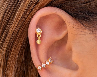 Dainty & Tiny 5 Prong CZ Stud Earrings With Dangling Coin Charm