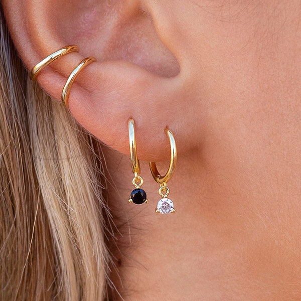 Dainty, Minimalist Dangling CZ Huggie Hoop Earrings - Two stone colors available: Black & White