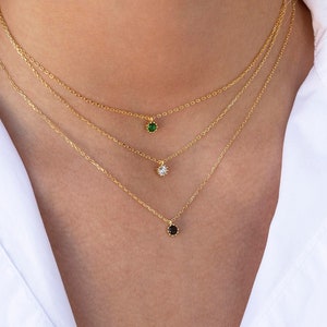 Dainty & Minimalist 10 Prong CZ Solitaire Necklace - Available in White, Black and Green
