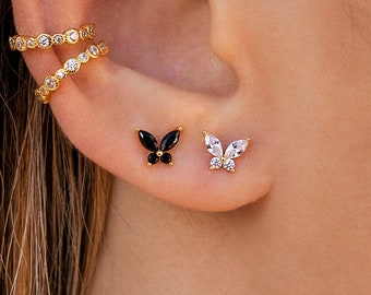 Boucles d'oreilles puces en forme de papillon avec zircons marquises et ronds