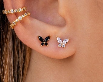 Dainty Marquise & Round CZ Butterfly Shaped Stud Earrings - Two colors available: Black and White