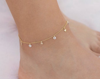 Dainty & Minimalist Dangling Stars and CZ Anklet
