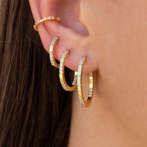 Dainty & Minimalist Spaced CZ Square Edges Hoop Earrings - 3 Sizes Available