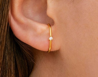 Minimalist 3 Prongs CZ Ear Lobe Cuff Earrings - 4 Stone Colors Available: White, Black, Turquoise & Purple