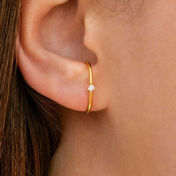 Minimalist 3 Prongs CZ Ear Lobe Cuff Earrings - 4 Stone Colors Available: White, Black, Turquoise & Purple
