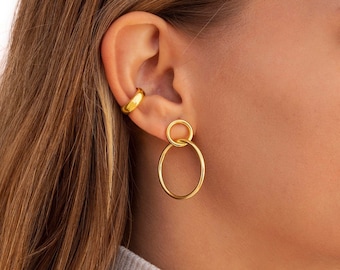 Minimalist & Large Two Circles Double Stud Hoop Earrings