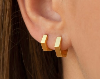 Chunky Geometric Hexagon Shaped Huggie Hoop Earrings - Two sizes available: 10 & 12 mm