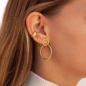 Minimalist & Large Two Circles Double Stud Hoop Earrings image 1