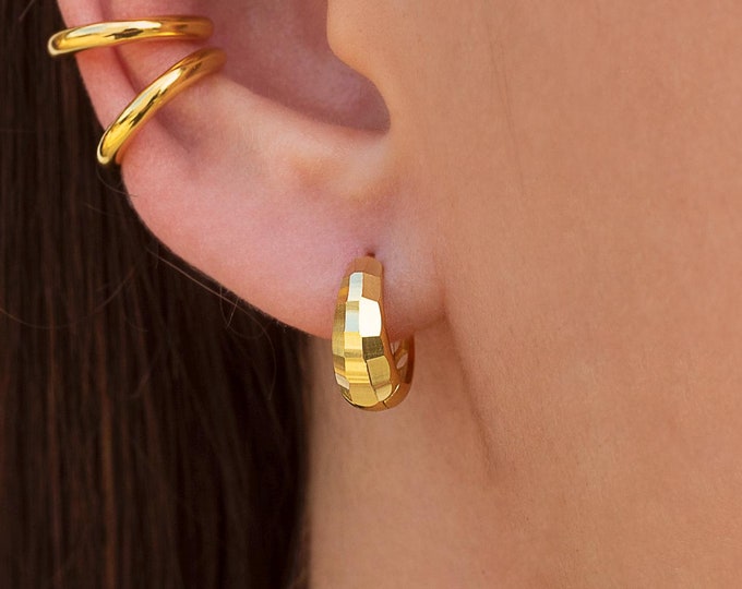 Chunky Disco Ball Hammered Teardrop Dome Huggie Hoop Earrings