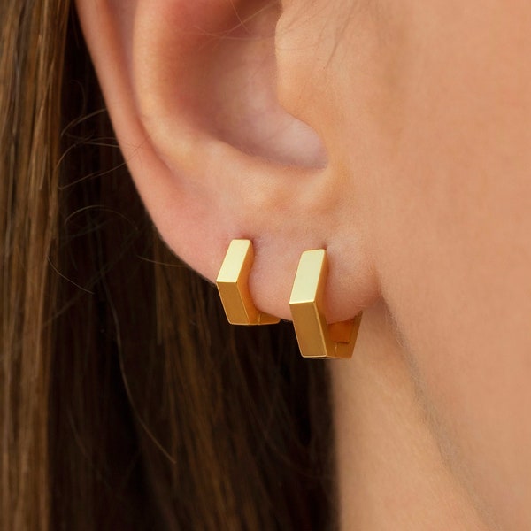 Chunky Geometric Hexagon Shaped Huggie Hoop Earrings - Two sizes available: 10 & 12 mm