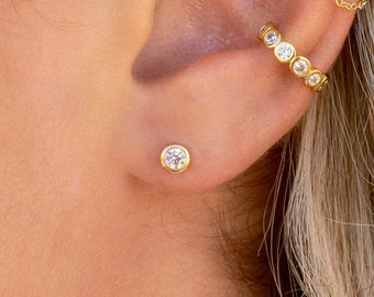 Dainty Bezel CZ Solitaire Stud Earrings - 4 mm
