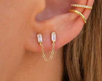 Dainty Baguette CZ Double Stud Earrings With Dangling Chain