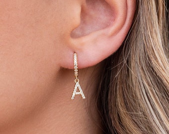 Dainty Pave CZ Initial Letter Huggie Hoop Earrings