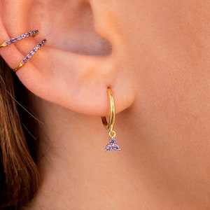 Dainty 3 Purple CZ Flower-Shaped Charm Huggie Hoop Earrings