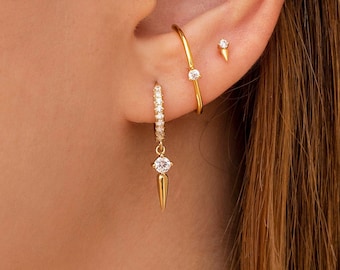 CZ Huggie Hoop Earrings With Spike Shaped Charm