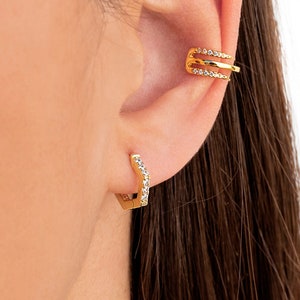 Dainty Pave CZ Geometric Hexagon Shaped Huggie Hoop Earrings