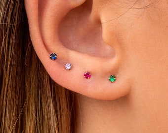 Dainty & Tiny Invisible Prongs Color CZ Stud Earrings - 4 Colors available: Green, Blue, Fuchsia and Purple