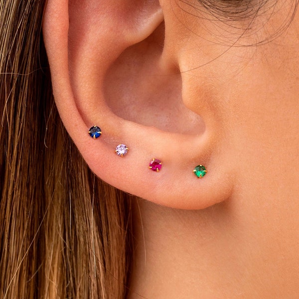 Dainty & Tiny Invisible Prongs Color CZ Stud Earrings - 4 Colors available: Green, Blue, Fuchsia and Purple