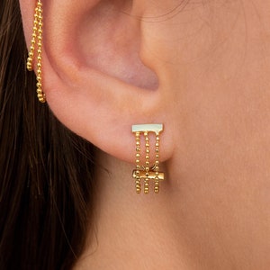 Dainty 3 Dangling Beaded Chains Bar Stud Earrings