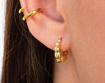 Minimalist Chunky Beaded Huggie Hoop Earrings - Ball Hoops