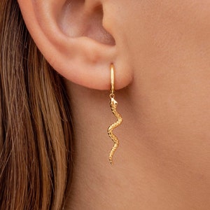 Minimalist Long Snake Charm Huggie Hoop Earrings