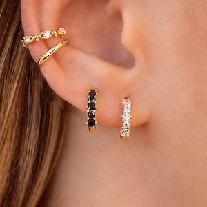 Dainty Round Marquise CZ Open Huggie Hoop Earrings - Two colors available: Black & White