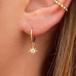 Dainty Eight-Pointed Star Huggie Hoop Earrings