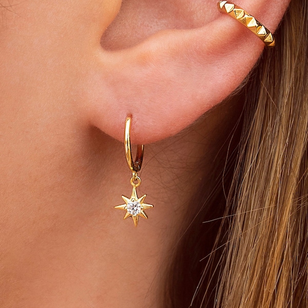 Dainty Eight-Pointed Star Huggie Hoop Earrings
