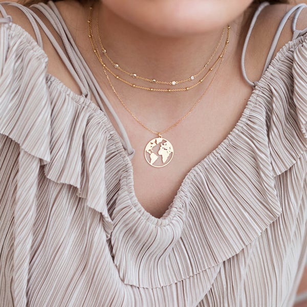 Globe Necklace, Earth Necklace, Boho Jewelry, Silver Necklace, Gold Plated Necklace, Globe Pendant, Globe Choker, World Map Necklace