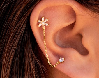 Boucles d'oreilles clous double piercing en forme de fleur avec chaîne et zirconium