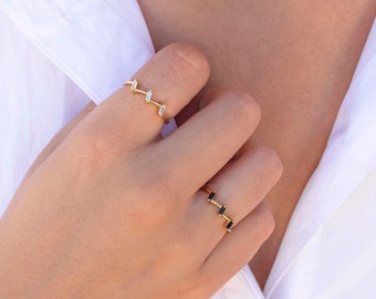 Dainty & Tiny 3 Baguette CZ Zig Zag Ring - Available in White and Black