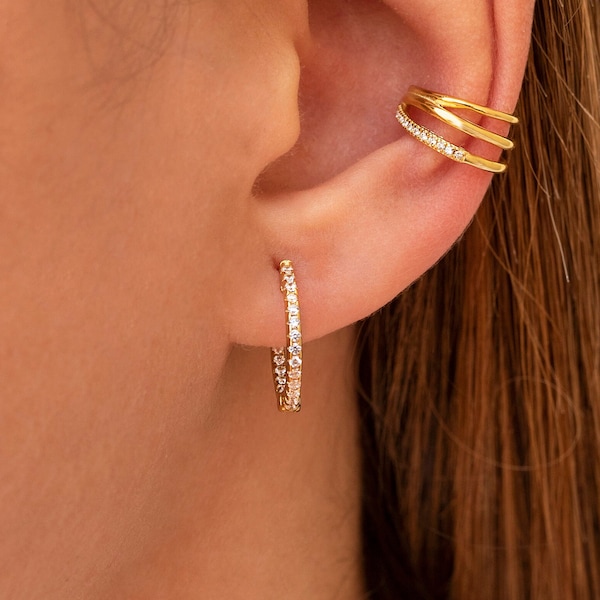 Dainty Pave CZ Hoop Earrings With Push Button Lock