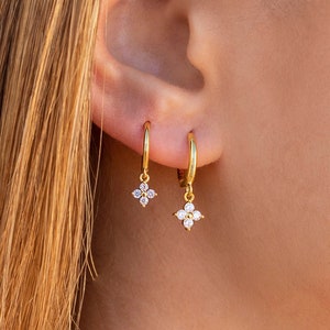 Dainty Flower Shaped Charm Huggie Hoop Earrings - Two sizes available