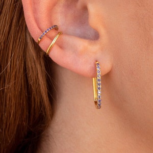 Dainty & Minimalist Purple Pave CZ Oblong Rectangle Hoop Earrings