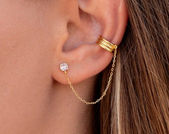 Dainty CZ Stud Earrings With Dangling Chain & Conch Ear Cuff