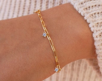 Dainty Paperclip Chain Bracelet With Dangling CZ Charms