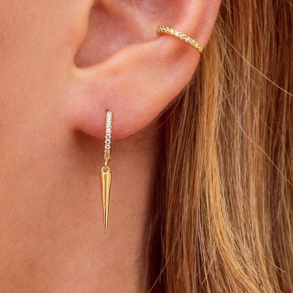Ohrringe mit Stacheln, Kegelförmige Creolen mit Zirkonia, CZ-Creolen, Huggie-Creolen mit Anhänger, Minimalistische Ohrringe mit Stacheln